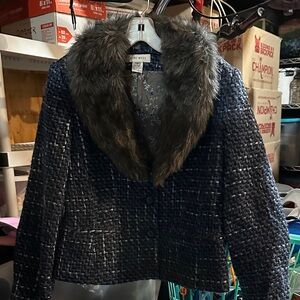 Nine West Blue Tweed Blazer with removable Fur Collar and matching tweed skirt!